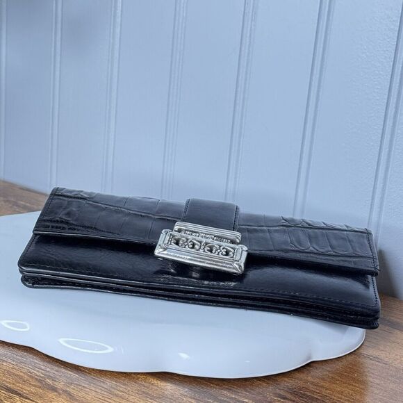 BRIGHTON Wallet Organizer Black Genuine Leather Croc Embossed Silver Accent - Picture 5 of 14
